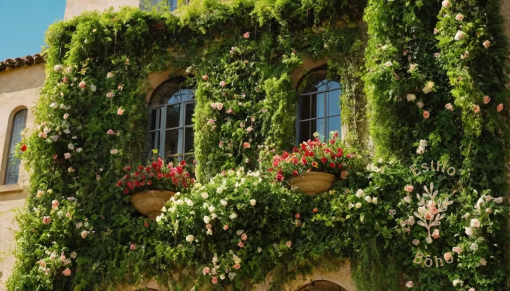 Fertilizantes naturales para jardines bohemios: Un exuberante jardín vertical con vides enrejadas y flores.