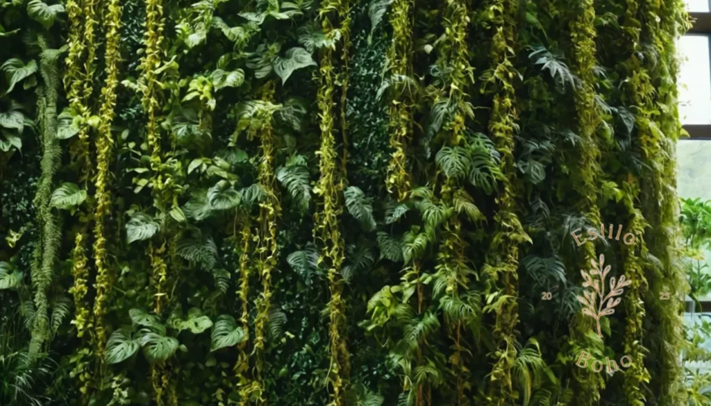Plantas trepadoras decorativas bohemias: Un exuberante jardín vertical con enredaderas exóticas que se desbordan.
