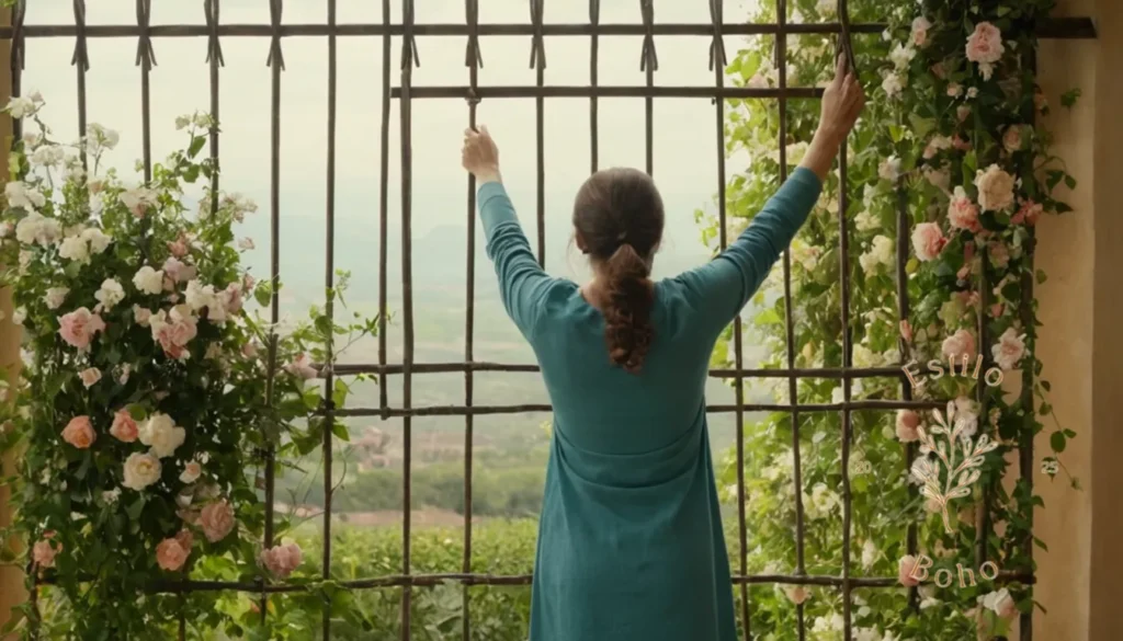 Cascadas de plantas Bohemia: Una persona que sostiene un enrejado con flores trepadoras.