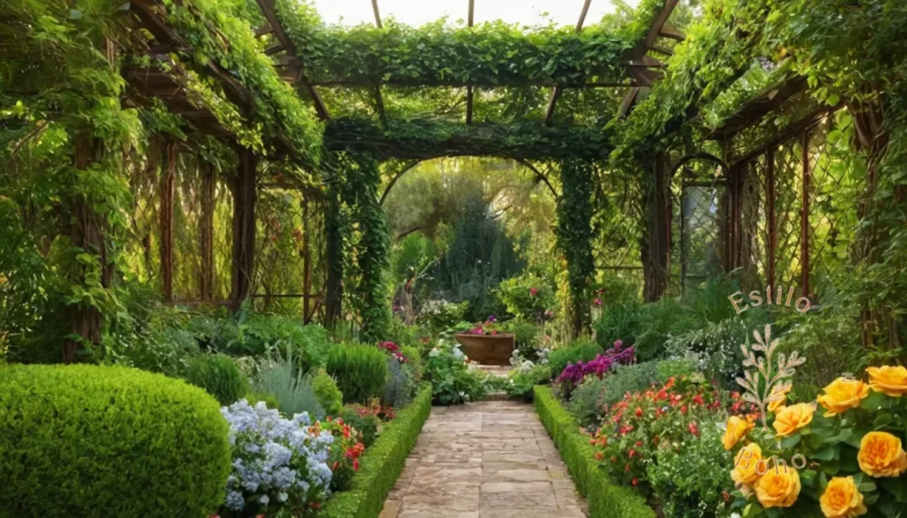 Plantas Trepadoras Fáciles de Mantener: Un exuberante y colorido jardín con enrejados y enredaderas que se desbordan.