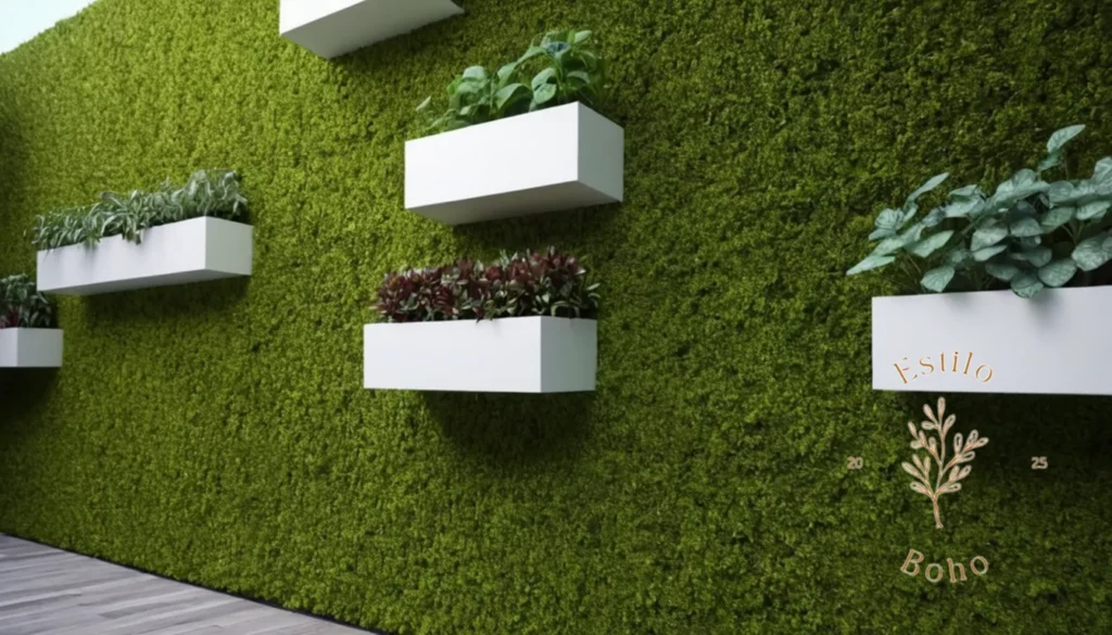 Plantas trepadoras bohemio jardines: Ilustración 3D de macetas de jardín verticales de moda en una pared.