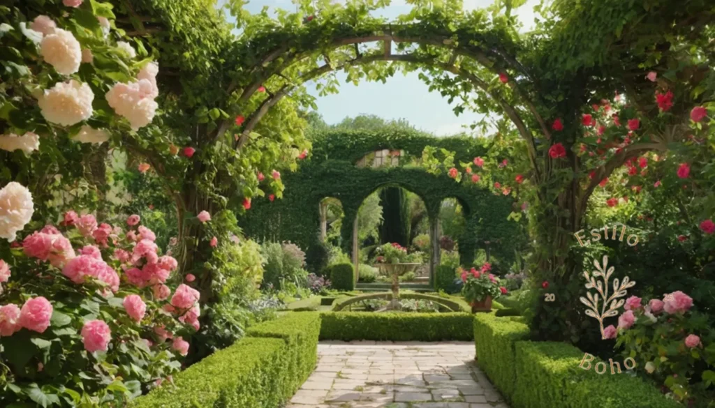 Plantas Trepadoras Para Jardines Bohemios Medianos: Un jardín vibrante y exuberante con enrejados cubiertos de enredaderas en flor.