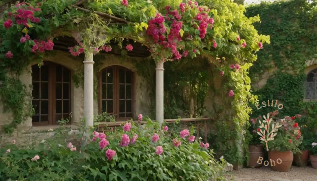 Crear pérgola trepadora para jardín bohemio: 3-4 enredaderas exuberantes y florecientes entrelazadas alrededor de un poste de jardín de estilo bohemio.