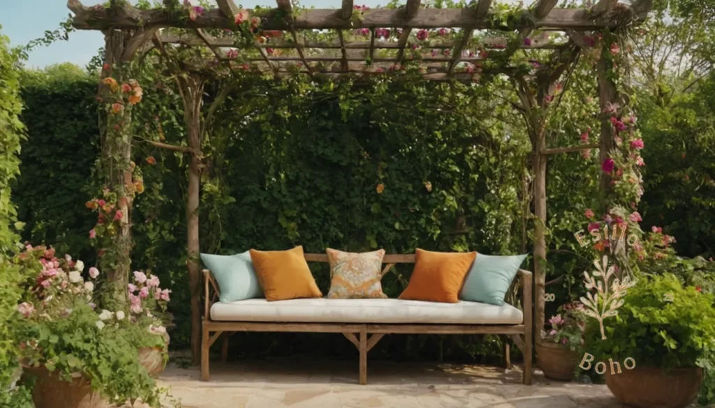 Plantas trefiladas estilo bohemio: Una hermosa pérgola bohemia cubierta de enredaderas exuberantes y florecientes al aire libre.
