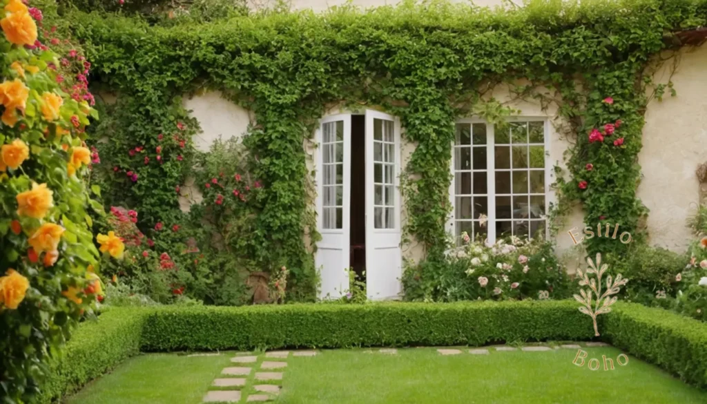 Plantas trepadoras resistente al riego limitado: Un jardín vibrante y exuberante con enredaderas en flor.