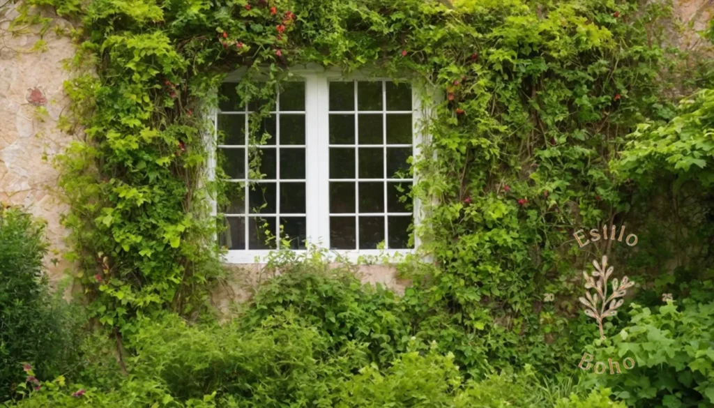 Plantas Trepeables otoño floración Bohemio: Las vides nativas cubiertas en un jardín ecléctico y colorido.