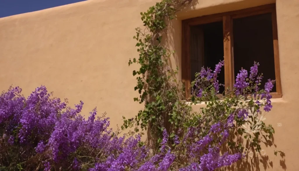Cuidado especial de plantas trepadoras en estilos bohemios: Una exuberante vid de floración púrpura en un entorno cálido del desierto.