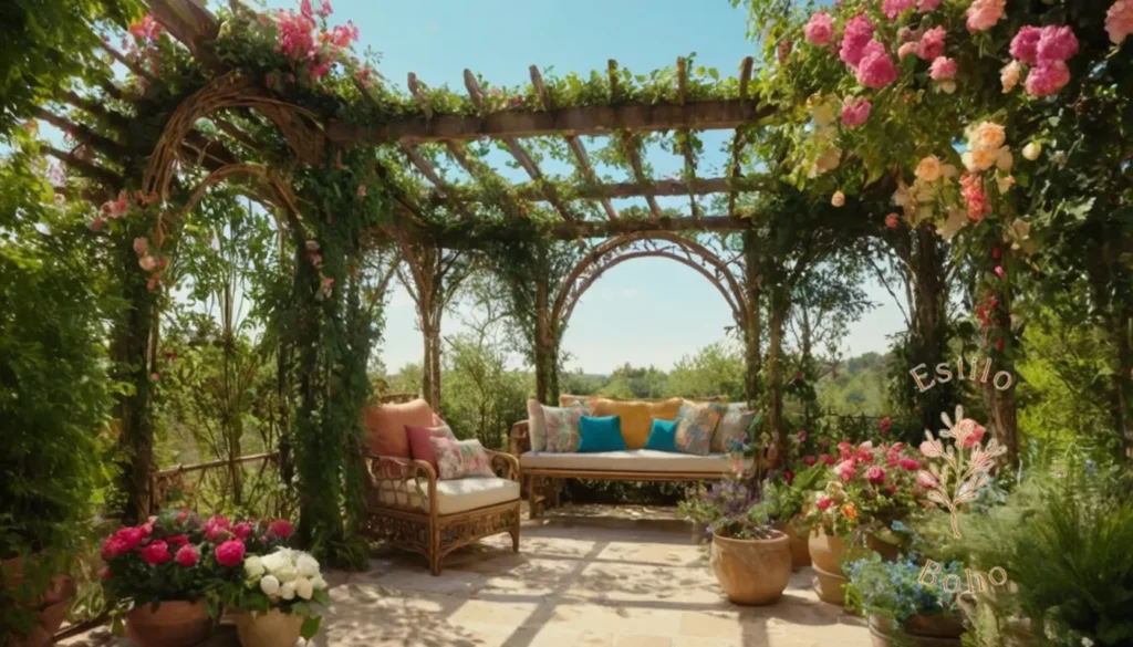 Trepadoras Exuberantes Jardín Bohemio: Pérgola bohemia vibrante con enrejados en flor y follaje exuberante.