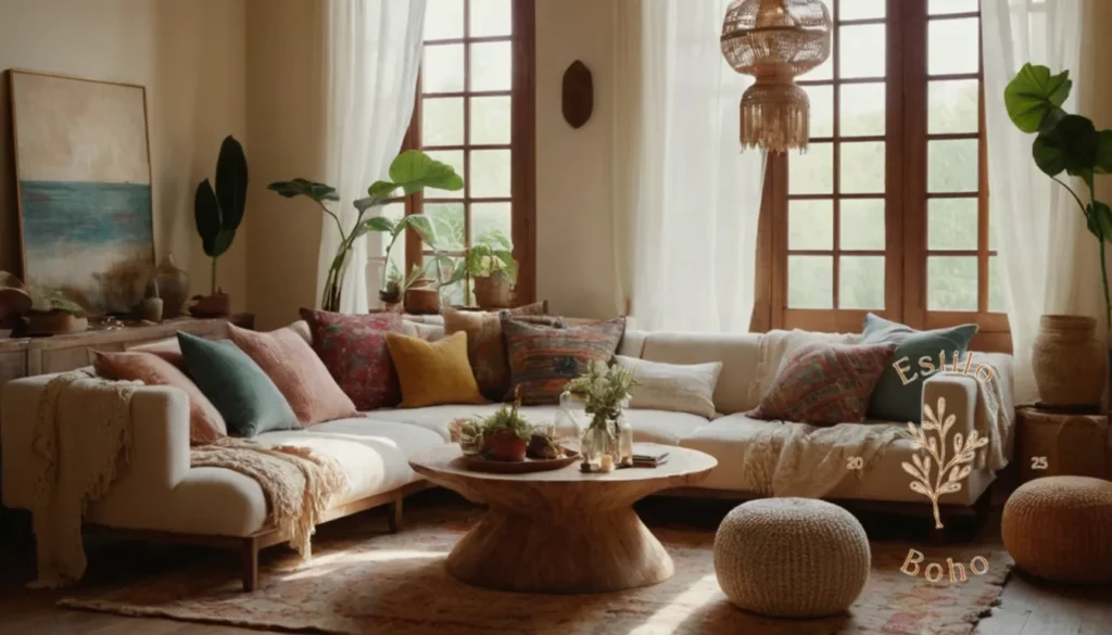 Boho Chic Ropa Algodon: Una sala de estar de estilo bohemio sereno con textiles de algodón orgánico que se exhiben prominentemente.