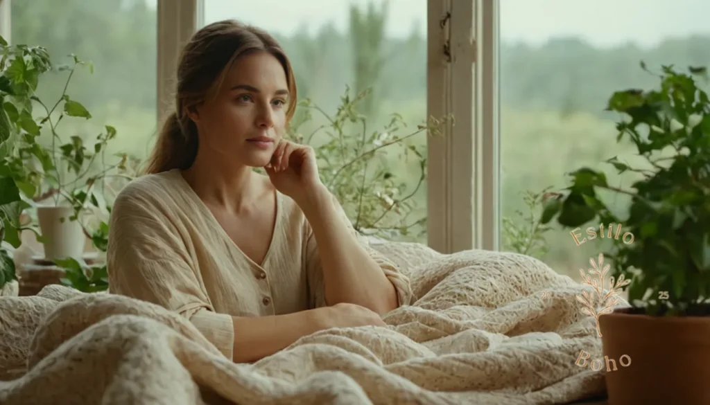 Algódon orgánico suave boho: Una mujer relajada rodeada de telas y plantas de algodón orgánico.