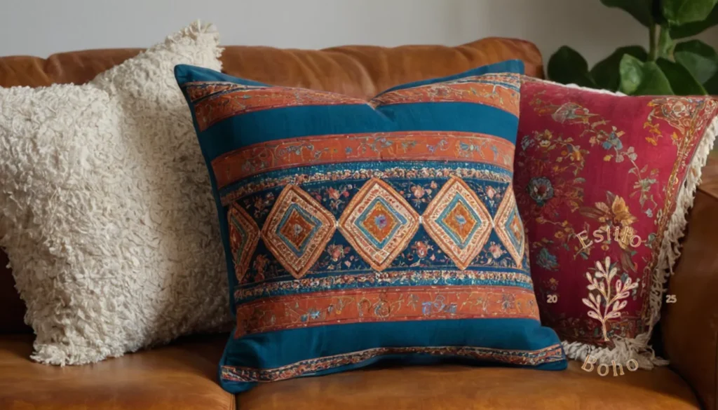 Algodón orgánico textil boho chic: Una almohada de tiro de estilo bohemio hecha de materiales sostenibles y tela vibrante.