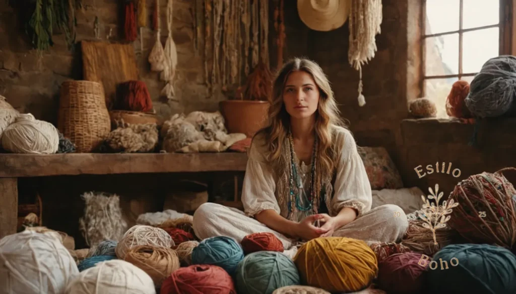 Colors Algorgánicos Boho Soft Style: Una mujer bohemia rodeada de desechos de algodón orgánico reciclados convertidos en artesanías.