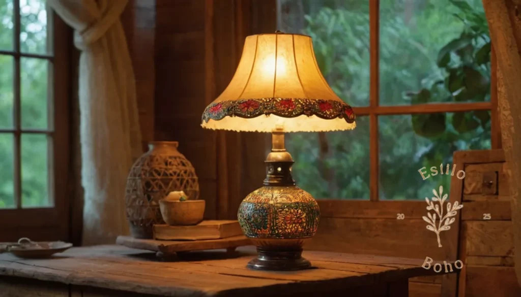 Lámparas de Pie Bohemias con Dorado: Una lámpara de estilo bohemio en una mesa de madera antigua.