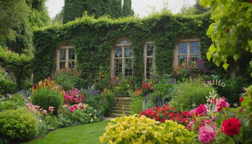Trepadoras para jardines bohemios climatizados: Un exuberante y caprichoso jardín con vides y flores coloridas.