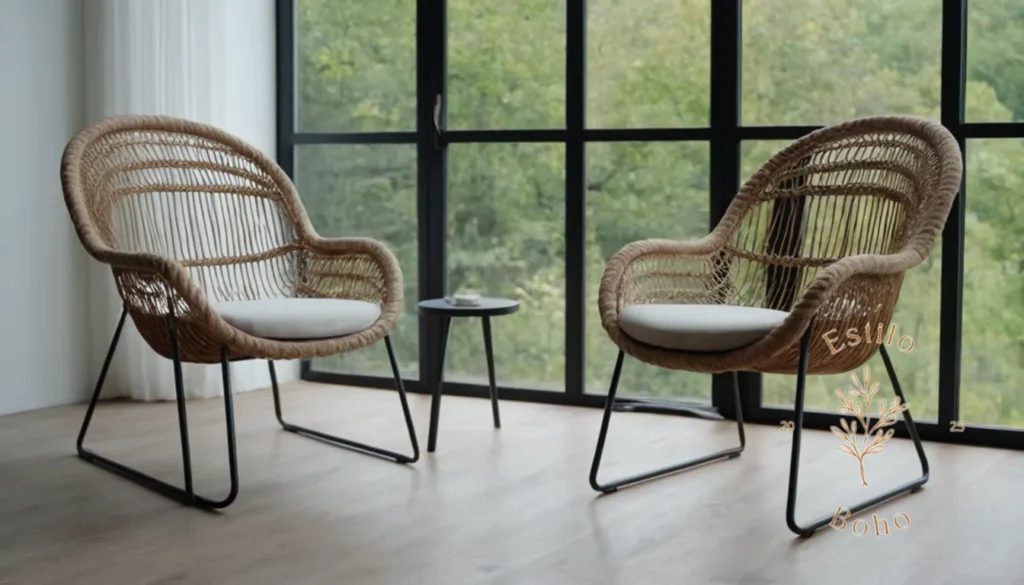 Bohos sofás estampados geométricos modulares: 2 sillas atractivas hechas de metal con detalles de cuerda.