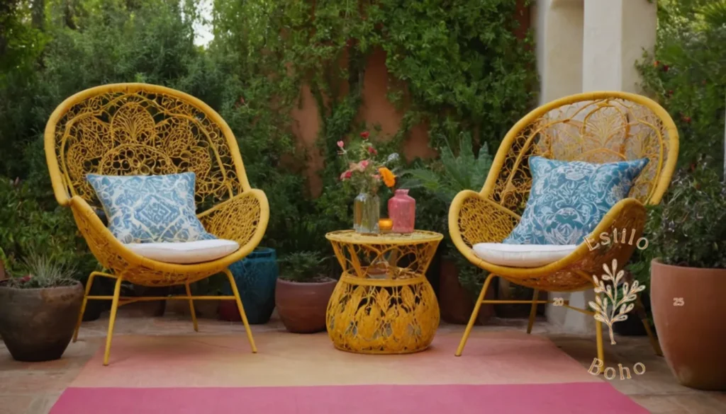 Algodón orgánico suave boho macrame: 2 sillones de inspiración bohemia en un colorido patio al aire libre.