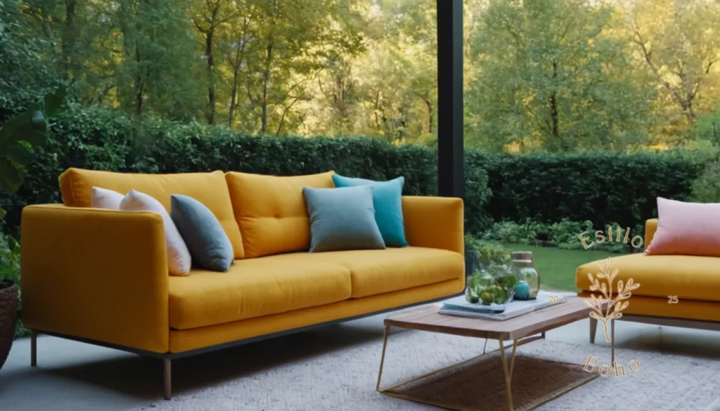 Mezclas Bohemias Marroquíes Sofá Compra: Un hermoso y colorido espacio para la vida al aire libre con un elegante sofá.