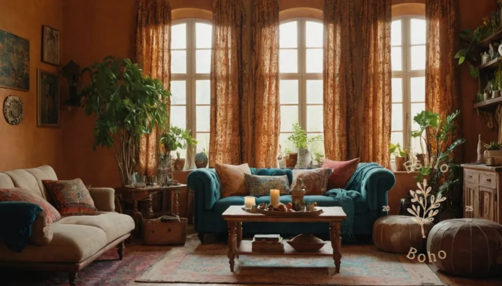 'Sofás bohemios para hogares de verano': Una sala de estar de inspiración bohemia con piezas de decoración vintage.