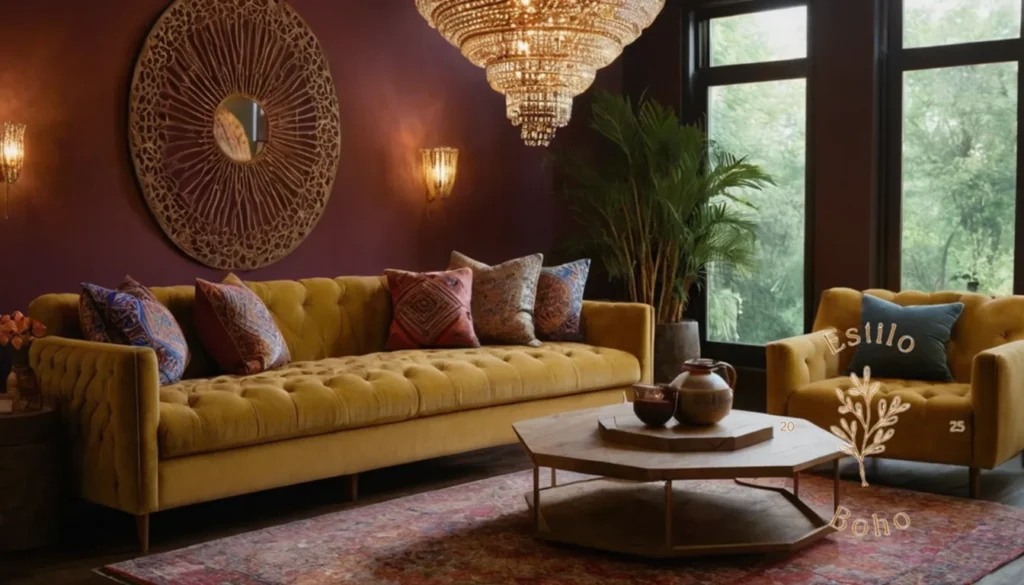 Sillones Boho Relajantes: 3 elegantes sofás bohemios bajo accesorios de iluminación en forma de geométrica.