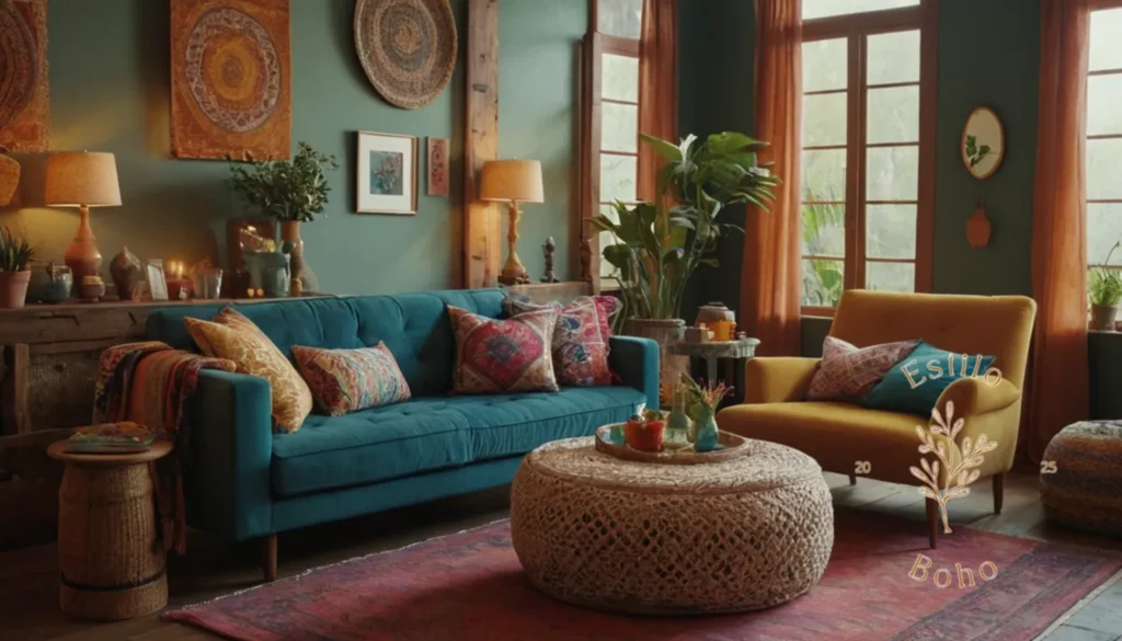 Preços de Sofás Boho Comparados: Una acogedora sala de estar de inspiración bohemia con muebles coloridos.