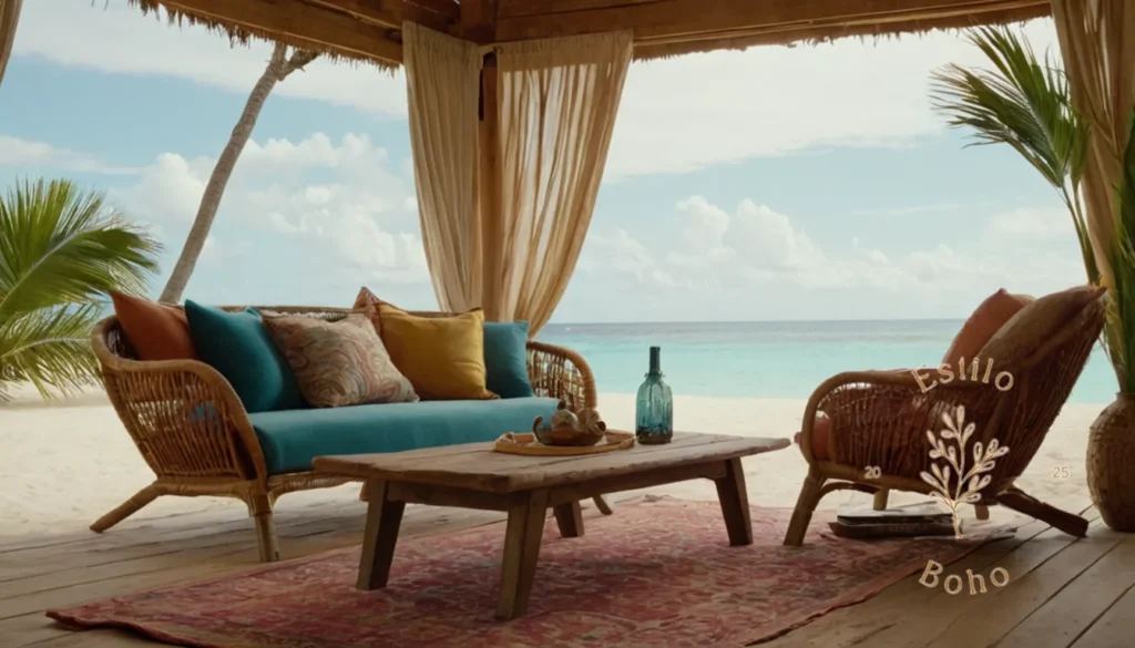 Sillones blancos para terrazas mediterráneas: Sofas bohemios relajados y elegantes en una hermosa playa o entorno tropical.