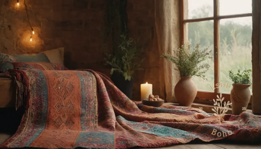 Decoración Boho con Algodón Suave: Una tela orgánica inspirada en bohemia se extendió sobre un fondo natural.