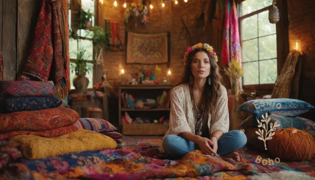 Mezcla Boho Textiles Problema Solución: Una mujer de inspiración bohemia rodeada de coloridos textiles y accesorios.