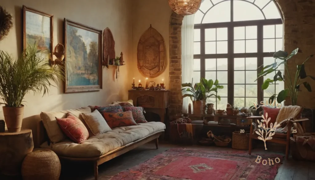 Boho Interior Texturas Nat: Un espacio decorativo de inspiración bohemia con texturas eclécticas.