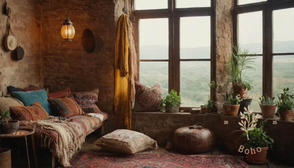 Alfombras de yute bohemio errores comunes: Un atuendo de inspiración bohemia en medio de un fondo desordenado y texturizado.