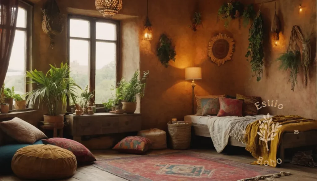 Texturas Boho Acogedores Casas: Una habitación de inspiración bohemia con decoraciones texturizadas.