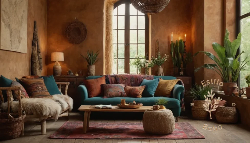 Boho estilos fuera de lugar: Un espacio vital bohemio con texturas eclécticas y naturales.