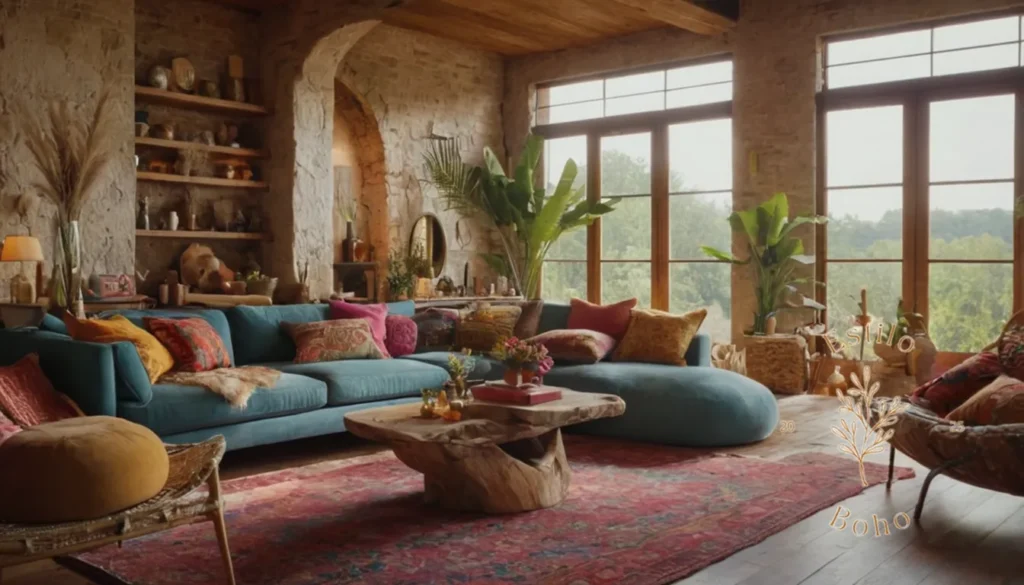 Decorar Boho Con Texturas: Una sala de estar vibrante e inspirada en bohemia con texturas eclécticas.
