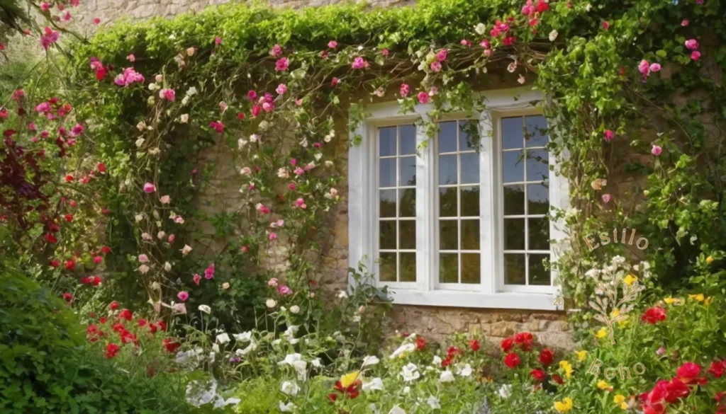 Jardines Bohemios con Plantas Trepatrices: Una escena caprichosa del jardín con vides y flores.