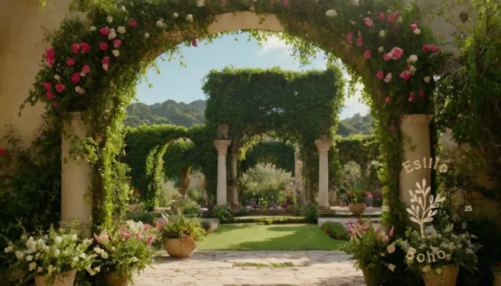 Plantas trepadoras resistentes al frío en jardines bohemios.: Arcos intrincados y exóticos cubiertos de vides y flores florecientes en un entorno exuberante.