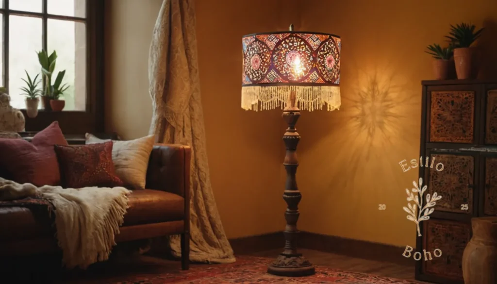 Reparacion Lámparas Bohemias Para Principiantes: Una lámpara de estilo bohemio hecha de artículos de decoración del hogar.