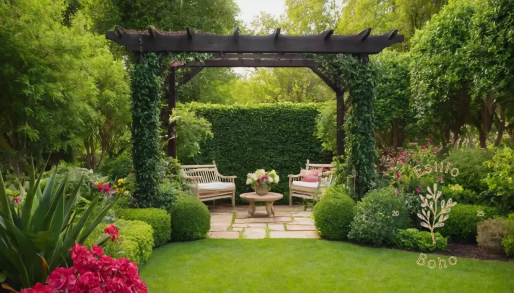 Treparejados de Jardines Mediterraneos: Un exuberante y ecléctico jardín con un cenador enrejado.