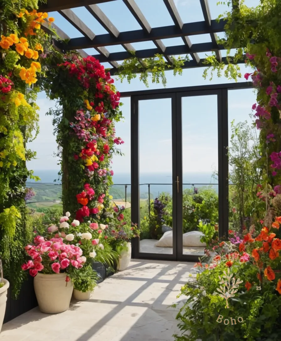 A lush vertical garden with vibrant flowers and a pergola.