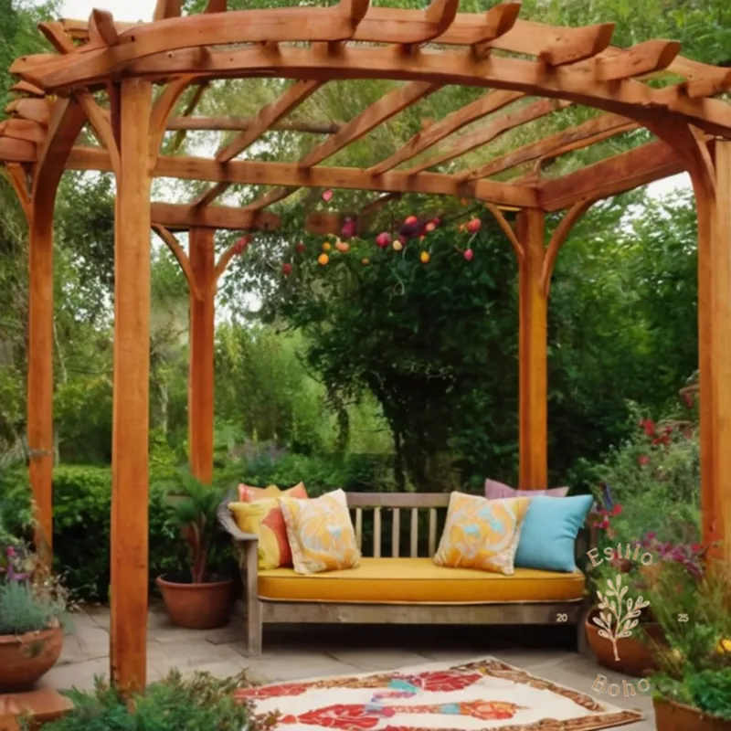 A colorful, whimsical bohemian-style garden pergola structure.