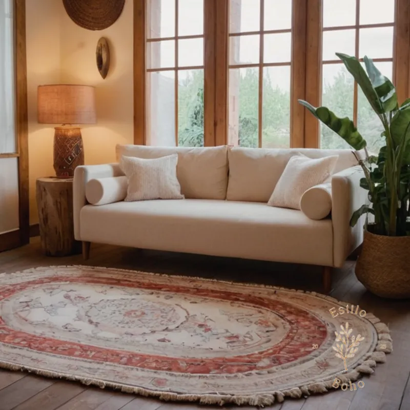 Organic cotton bohemian rugs in a cozy living room setting.