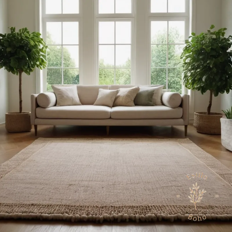 A serene living room with an organic cotton rug and surrounding lush greenery.