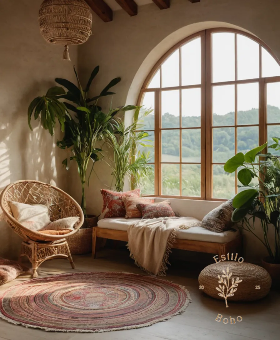 A serene bohemian-inspired space with organic textiles and plants.