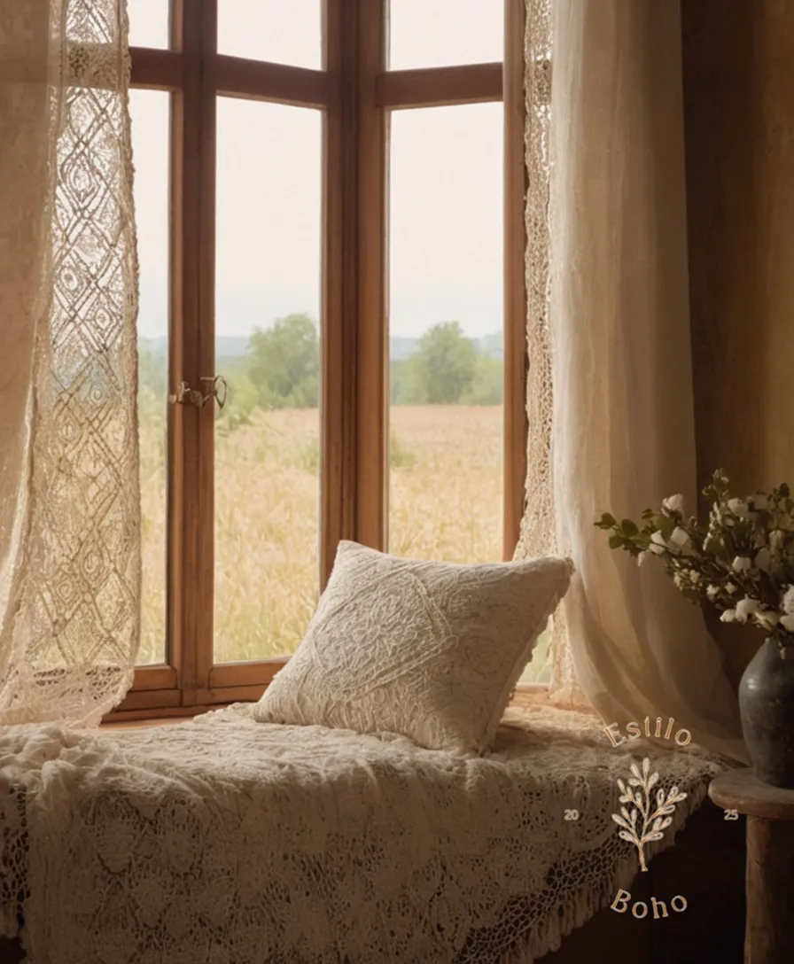 A soft, natural cotton texture against a bohemian backdrop.