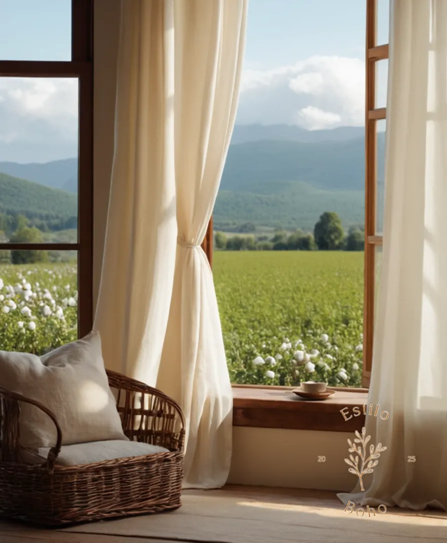 A serene landscape with gentle, flowing organic cotton fabrics.