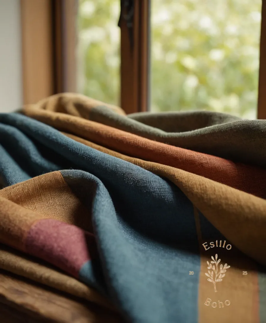 A soft organic cotton fabric swatching in bohemian-inspired settings.