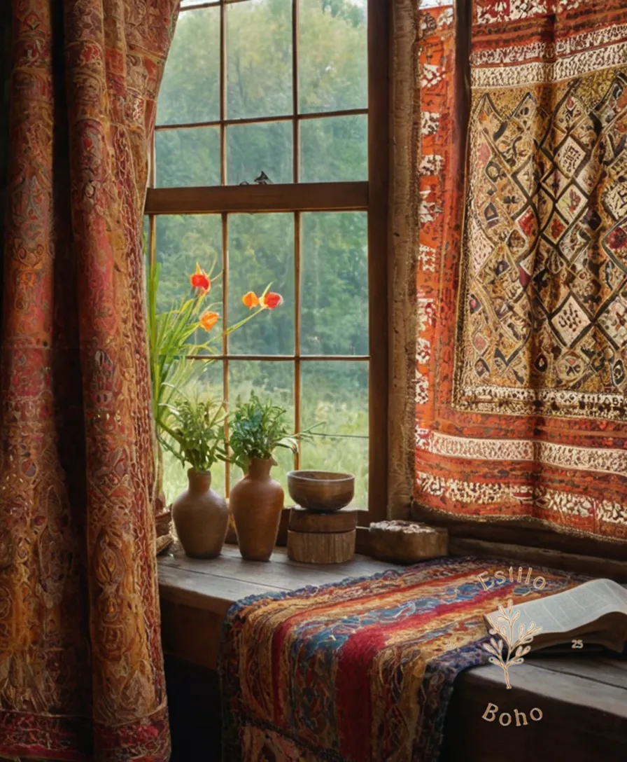 A beautifully styled, natural fiber textile with bohemian patterns.