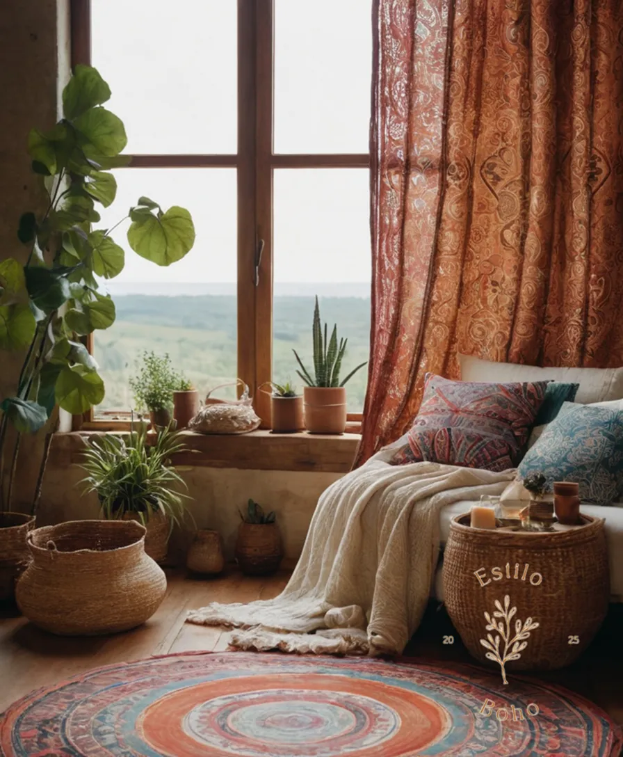 Soft, organic cotton fabrics with bohemian-inspired decor and natural elements.