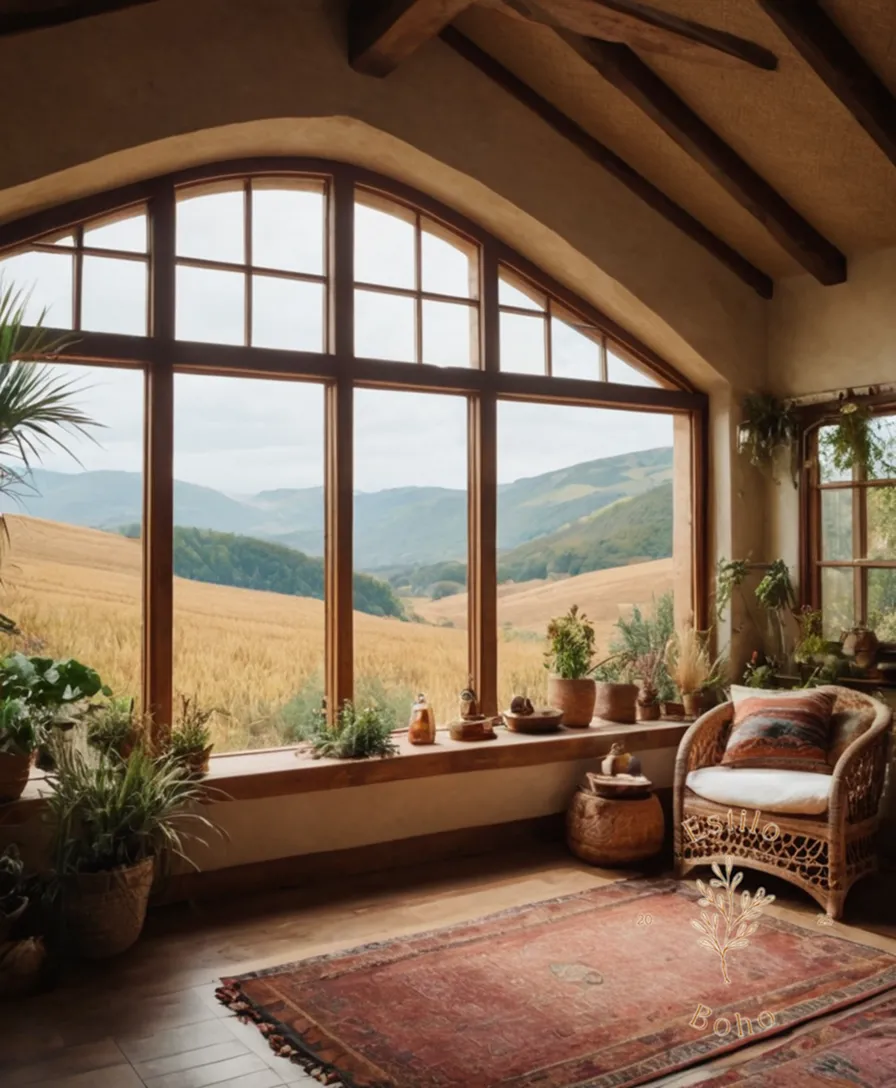 A serene landscape with natural fibers and bohemian-inspired elements.