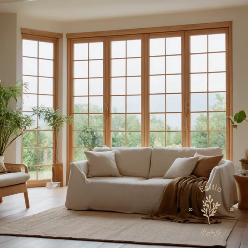 A serene living room with organic cotton textiles displayed prominently.