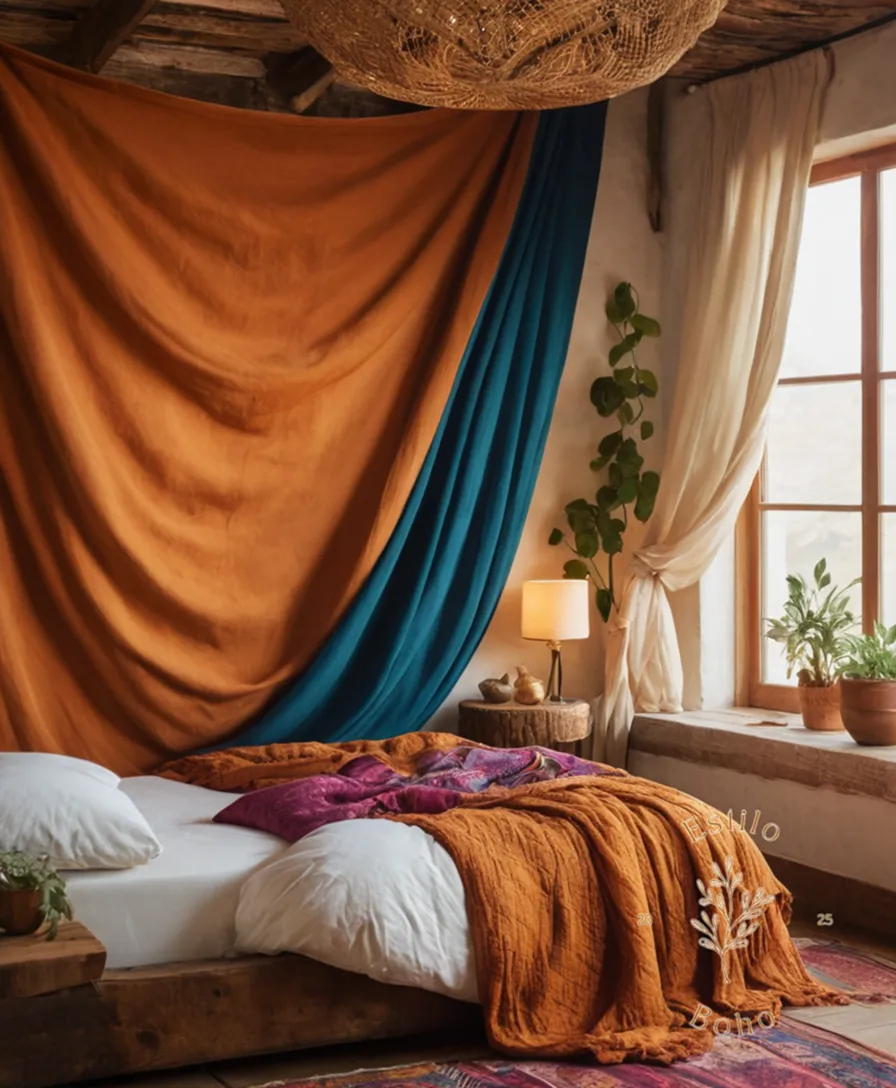 Soft organic cotton fabrics draped elegantly against colorful bohemian background.