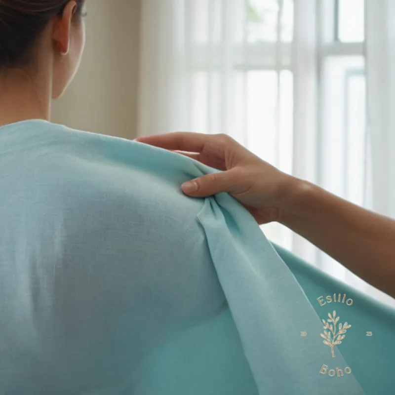 Soft organic cotton fabric being gently touched or held by a woman.